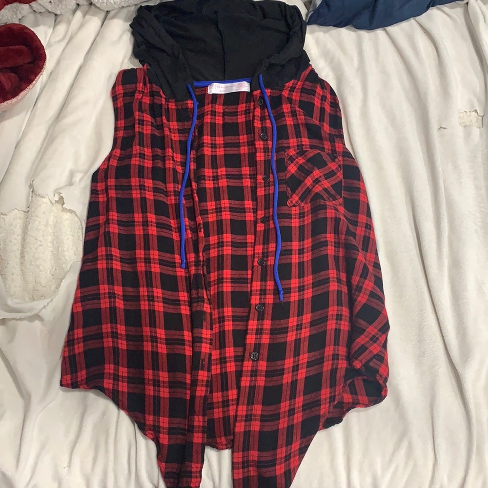 Sleeveless plaid over top with hood